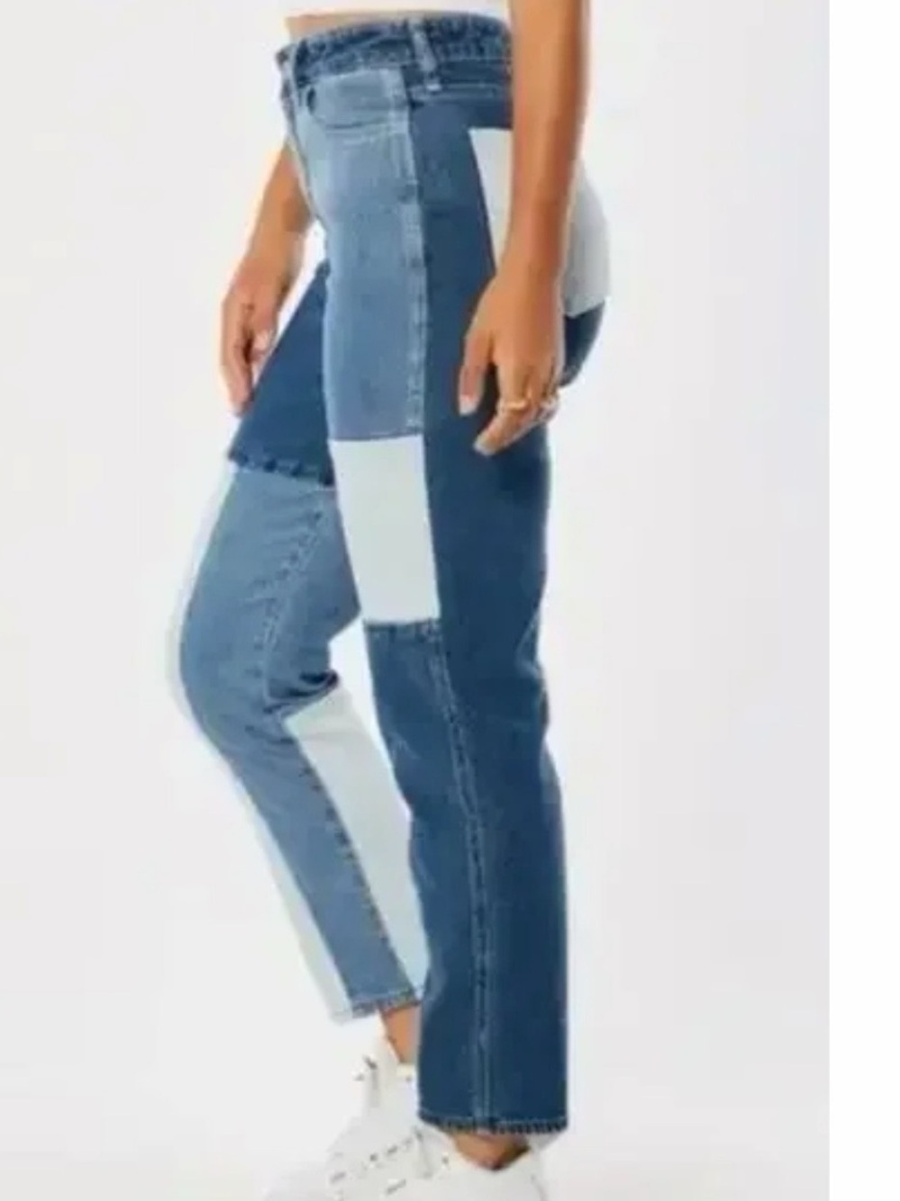 Hollister Patchwork Ultra High Rise Mom Jeans in Mixed Blue Tones, 29W